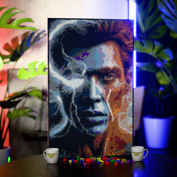 Synthetic Humanoid Johnny made out of 10,769 LEGO-Compatible bricks on a table with stylish luxury studio background.