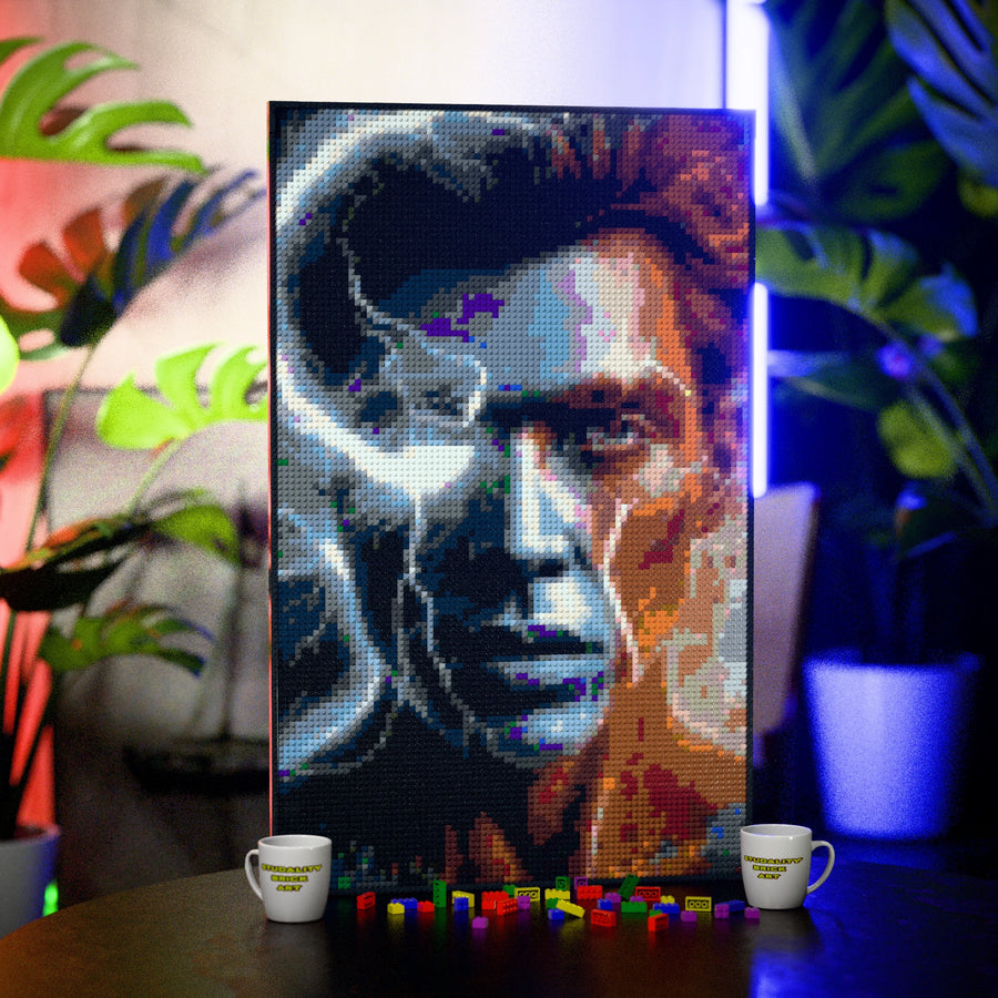 Synthetic Humanoid Johnny made out of 10,769 LEGO-Compatible bricks on a table with stylish luxury studio background, built with 1x1 square plates.