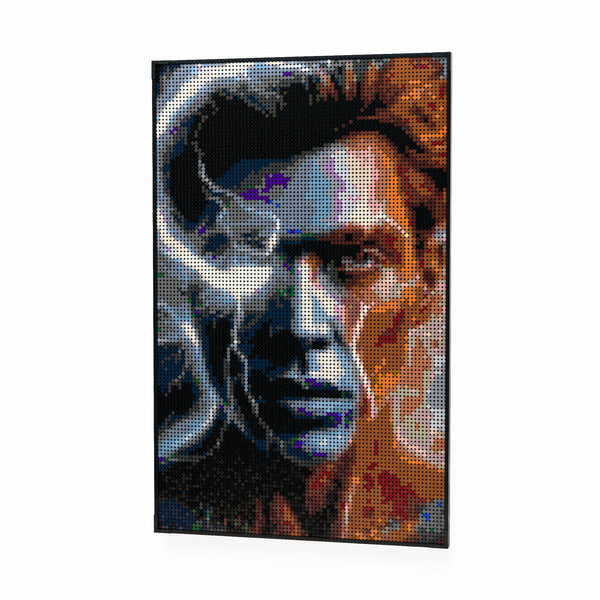Synthetic Humanoid Johnny made out of 10,769 LEGO-Compatible bricks on a white clean background.