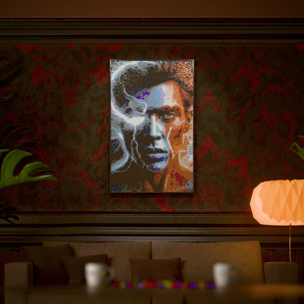 Synthetic Humanoid Johnny made out of 10,769 LEGO-Compatible bricks on a luxurious home background.