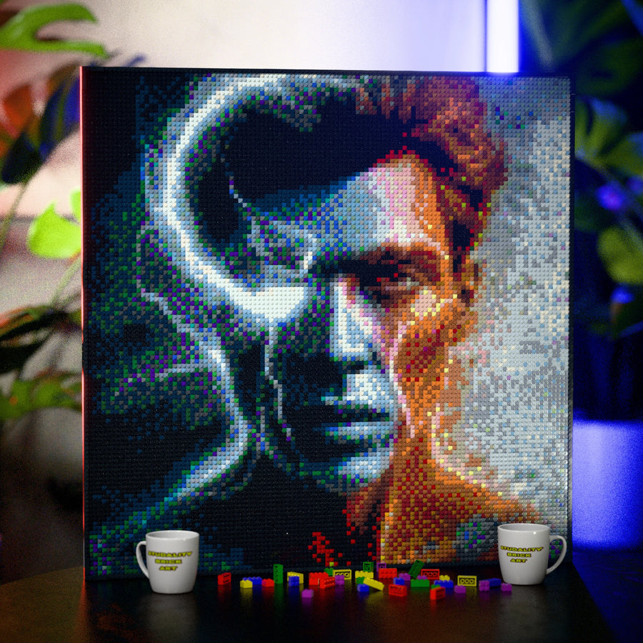 Synthetic Humanoid Johnny made out of 13,153 LEGO-Compatible bricks on a table with stylish luxury studio background, built with 1x1 square plates.