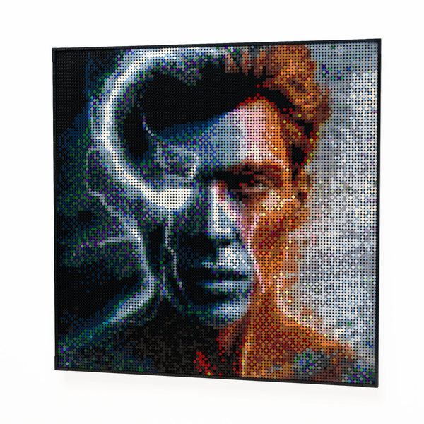 Synthetic Humanoid Johnny made out of 13,153 LEGO-Compatible bricks on a white clean background.