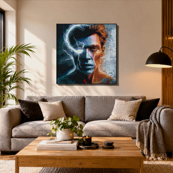 Synthetic Humanoid Johnny made out of 13,153 LEGO-Compatible bricks on a ikea scandinavian home background.