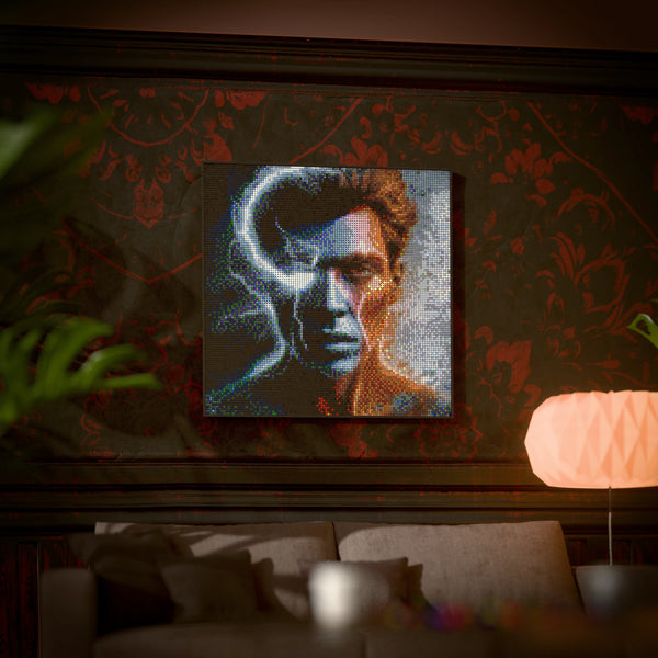 Synthetic Humanoid Johnny made out of 13,153 LEGO-Compatible bricks on a luxurious home background.