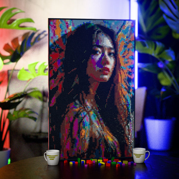 Tattoo Model Woman made out of 10,769 LEGO-Compatible bricks on a table with stylish luxury studio background.