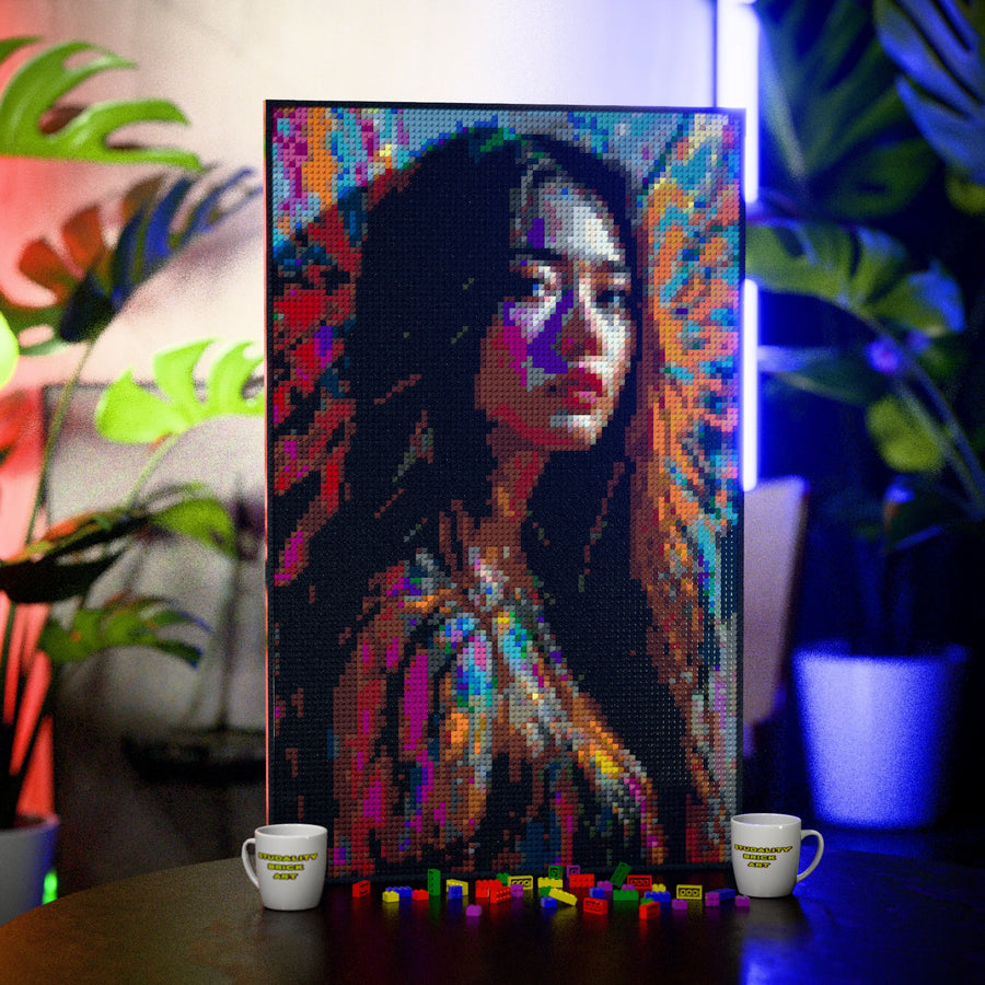 Tattoo Model Woman made out of 10,769 LEGO-Compatible bricks on a table with stylish luxury studio background, built with 1x1 square plates.