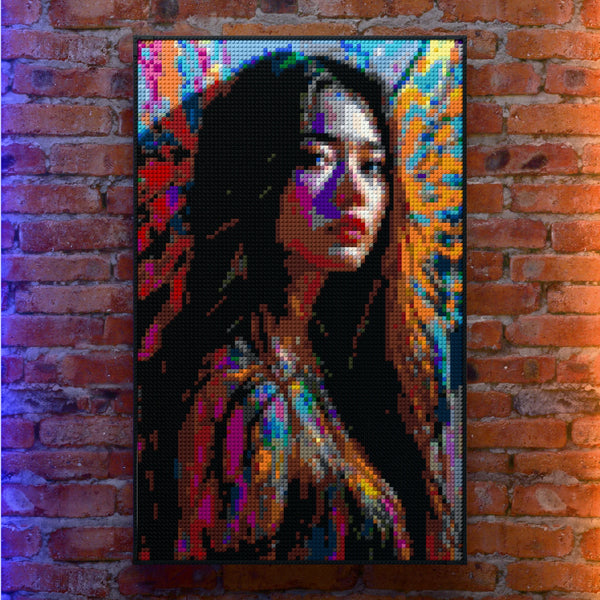 Tattoo Model Woman made out of 10,769 LEGO-Compatible bricks on a real red-brick wall background with good lighting, built with 1x1 square plates.