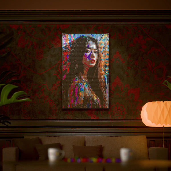 Tattoo Model Woman made out of 10,769 LEGO-Compatible bricks on a luxurious home background.
