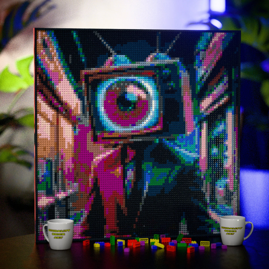 TV Eye Head made out of 9,700 LEGO-Compatible bricks on a table with stylish luxury studio background, built with 1x1 square plates.