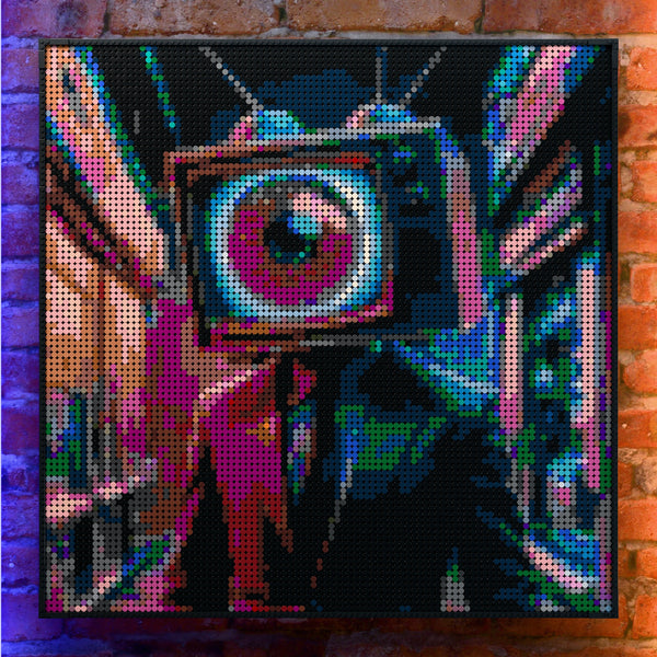 TV Eye Head made out of 9,700 LEGO-Compatible bricks on a real red-brick wall background with good lighting.