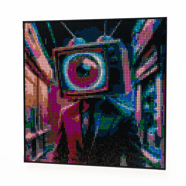 TV Eye Head made out of 9,700 LEGO-Compatible bricks on a white clean background.