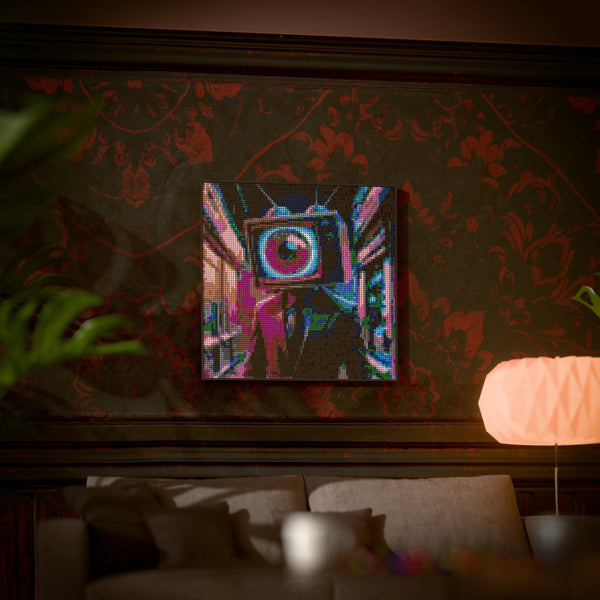 TV Eye Head made out of 9,700 LEGO-Compatible bricks on a luxurious home background.