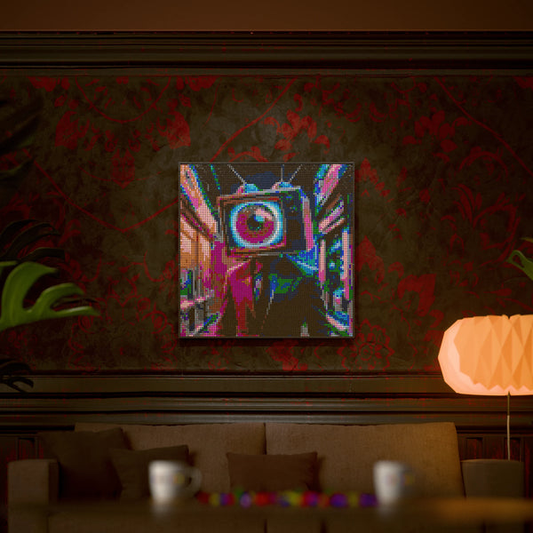 TV Eye Head made out of 9,700 LEGO-Compatible bricks on a luxurious home background.