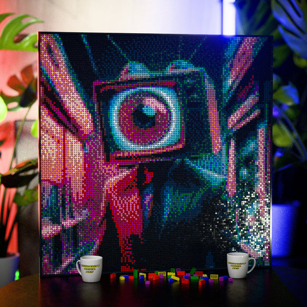 TV Eye Head made out of 17,132 LEGO-Compatible bricks on a table with stylish luxury studio background.