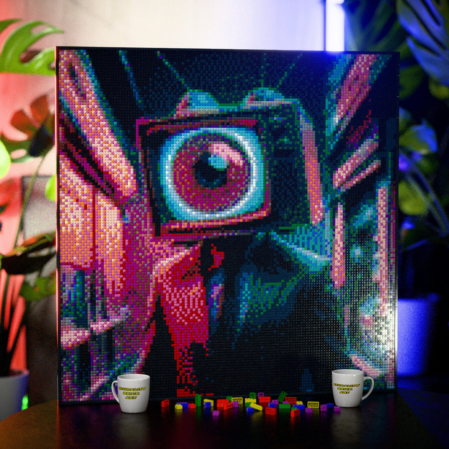 TV Eye Head made out of 17,132 LEGO-Compatible bricks on a table with stylish luxury studio background, built with 1x1 square plates.