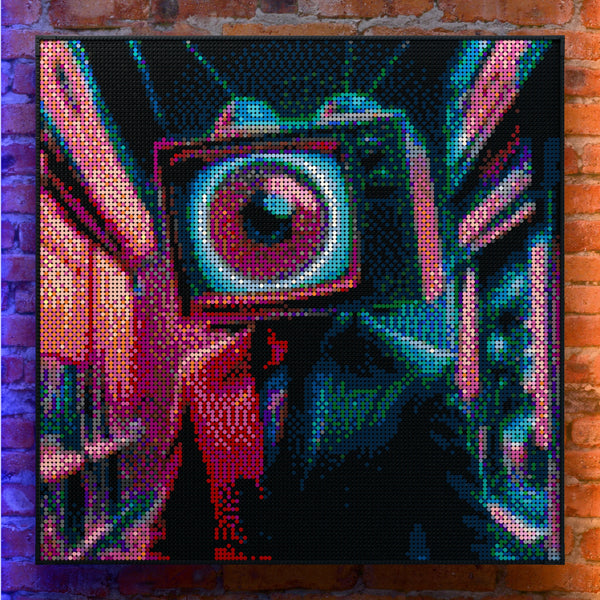 TV Eye Head made out of 17,132 LEGO-Compatible bricks on a real red-brick wall background with good lighting.
