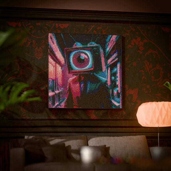 TV Eye Head made out of 17,132 LEGO-Compatible bricks on a luxurious home background.