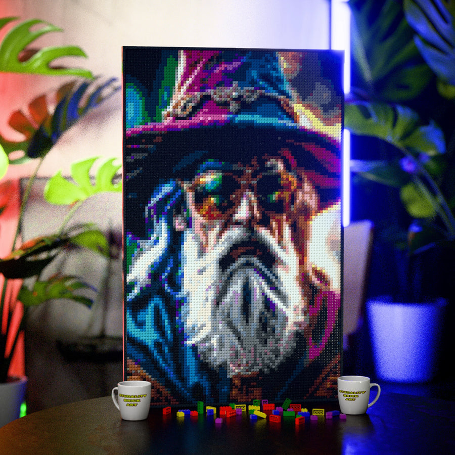 Wise Wizard with Cool Glasses (Gandalf/Dumbledore vibe) made out of 10,769 LEGO-Compatible bricks on a table with stylish luxury studio background, built with 1x1 square plates.