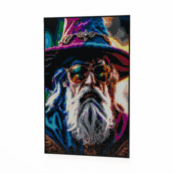 Wise Wizard with Cool Glasses (Gandalf/Dumbledore vibe) made out of 10,769 LEGO-Compatible bricks on a white clean background.