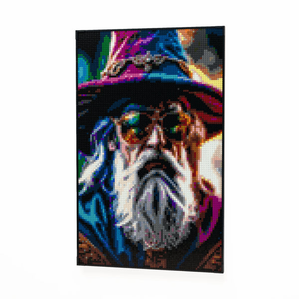 Wise Wizard with Cool Glasses (Gandalf/Dumbledore vibe) made out of 10,769 LEGO-Compatible bricks on a white clean background, built with 1x1 square plates.