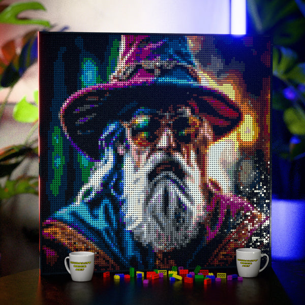 Wise Wizard with Cool Glasses (Gandalf/Dumbledore vibe) made out of 13,153 LEGO-Compatible bricks on a table with stylish luxury studio background.