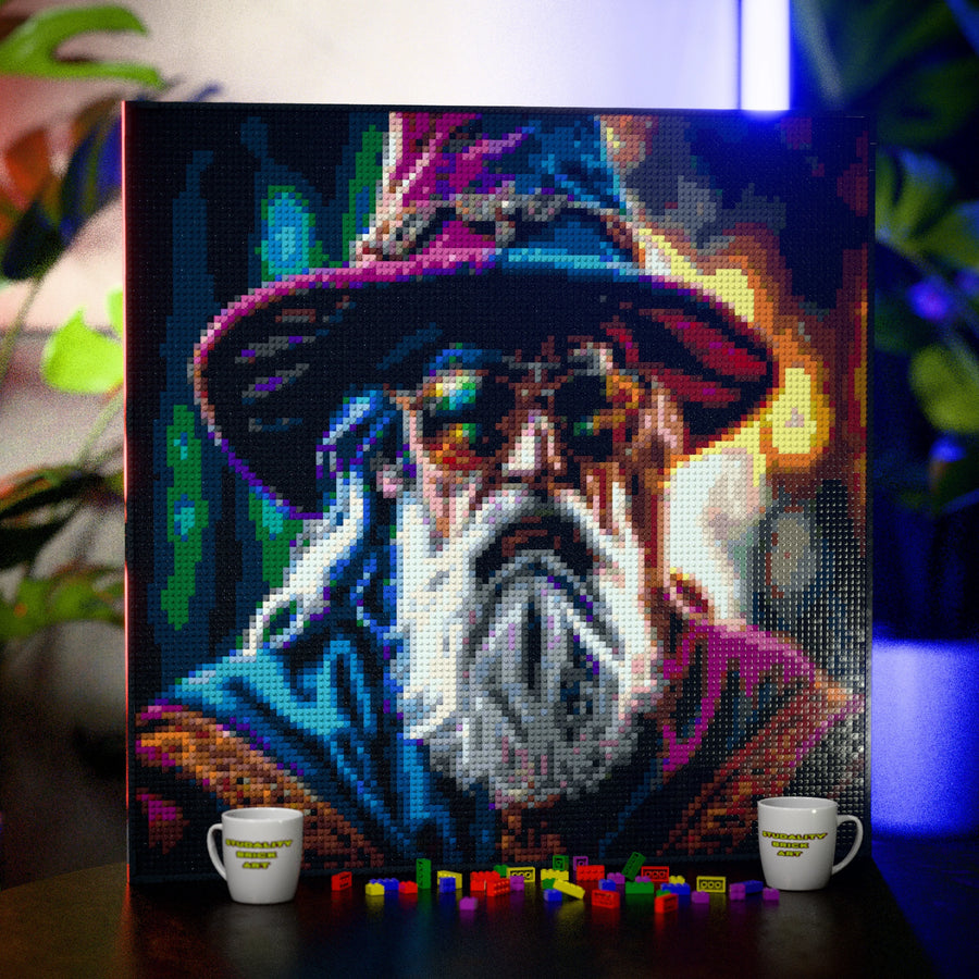 Wise Wizard with Cool Glasses (Gandalf/Dumbledore vibe) made out of 13,153 LEGO-Compatible bricks on a table with stylish luxury studio background, built with 1x1 square plates.