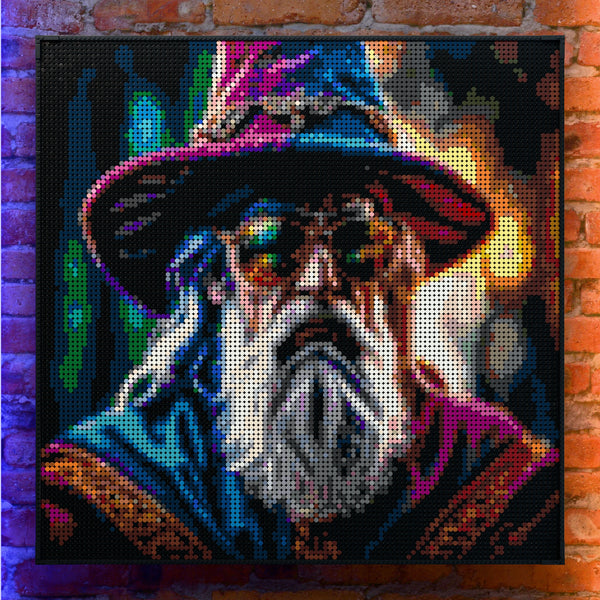 Wise Wizard with Cool Glasses (Gandalf/Dumbledore vibe) made out of 13,153 LEGO-Compatible bricks on a real red-brick wall background with good lighting.