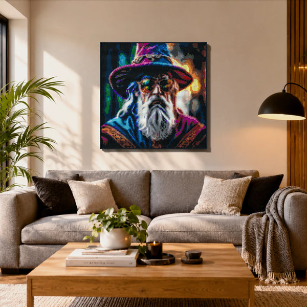 Wise Wizard with Cool Glasses (Gandalf/Dumbledore vibe) made out of 13,153 LEGO-Compatible bricks on a ikea scandinavian home background.