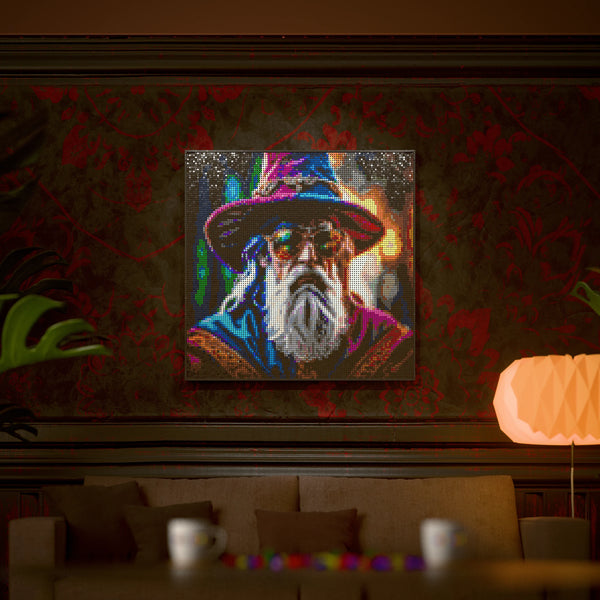 Wise Wizard with Cool Glasses (Gandalf/Dumbledore vibe) made out of 13,153 LEGO-Compatible bricks on a luxurious home background.