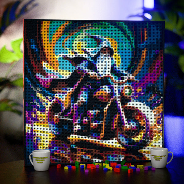 Wizard on a motorbike made out of 9,700 LEGO-Compatible bricks on a table with stylish luxury studio background.