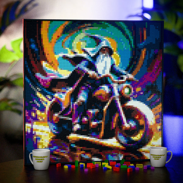 Wizard on a motorbike made out of 9,700 LEGO-Compatible bricks on a table with stylish luxury studio background, built with 1x1 square plates.