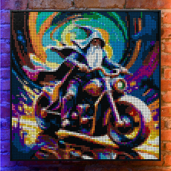Wizard on a motorbike made out of 9,700 LEGO-Compatible bricks on a real red-brick wall background with good lighting.