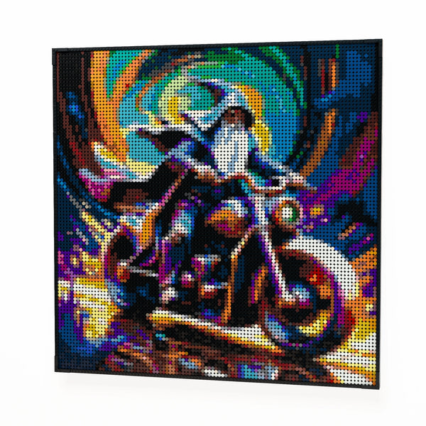 Wizard on a motorbike made out of 9,700 LEGO-Compatible bricks on a white clean background.