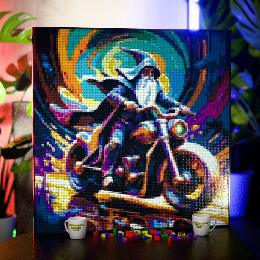 Wizard on a motorbike made out of 17,132 LEGO-Compatible bricks on a table with stylish luxury studio background, built with 1x1 square plates.