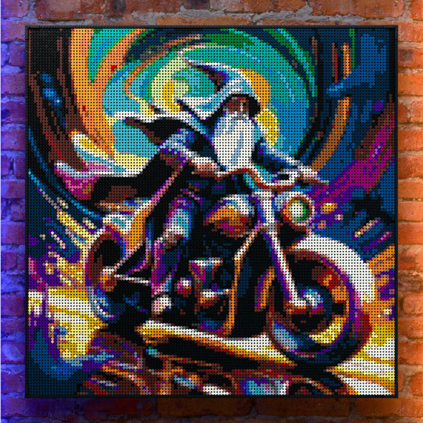 Wizard on a motorbike made out of 17,132 LEGO-Compatible bricks on a real red-brick wall background with good lighting.