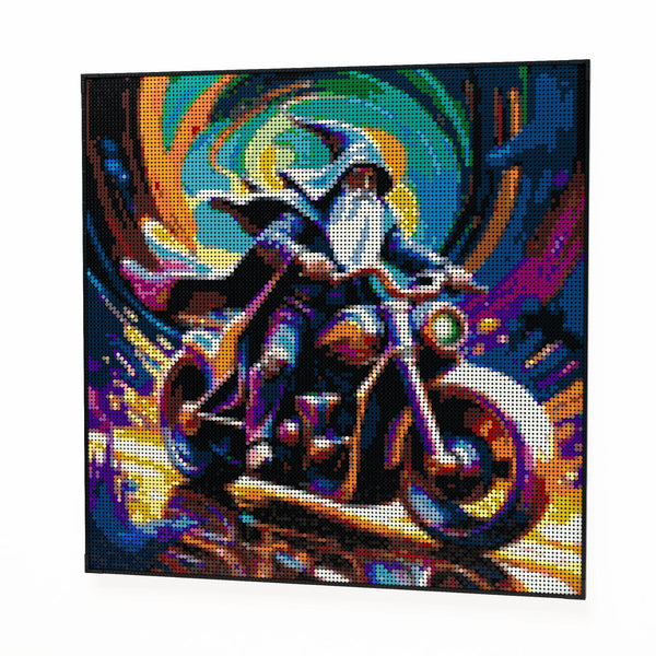 Wizard on a motorbike made out of 17,132 LEGO-Compatible bricks on a white clean background.