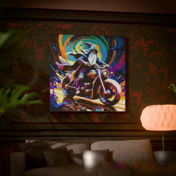 Wizard on a motorbike made out of 17,132 LEGO-Compatible bricks on a luxurious home background.