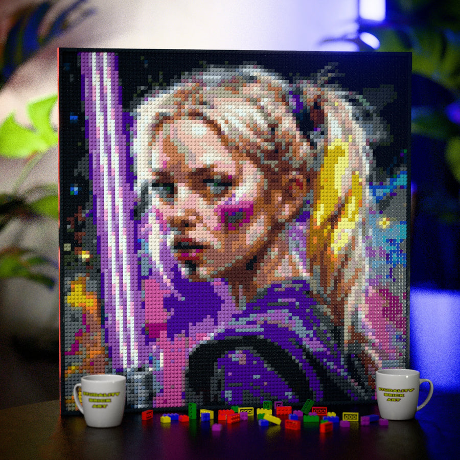 Woman with a laser light sword made out of 9,700 LEGO-Compatible bricks on a table with stylish luxury studio background, built with 1x1 square plates.