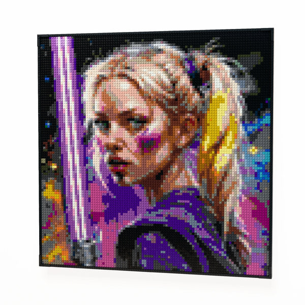 Woman with a laser light sword made out of 9,700 LEGO-Compatible bricks on a white clean background, built with 1x1 square plates.