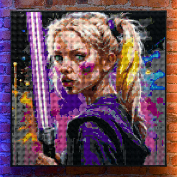 Woman with a laser light sword made out of 17,132 LEGO-Compatible bricks on a real red-brick wall background with good lighting, built with 1x1 square plates.