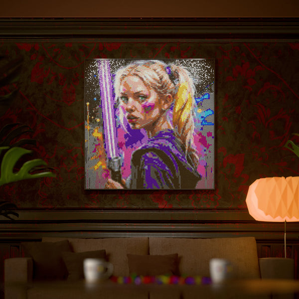 Woman with a laser light sword made out of 17,132 LEGO-Compatible bricks on a luxurious home background.