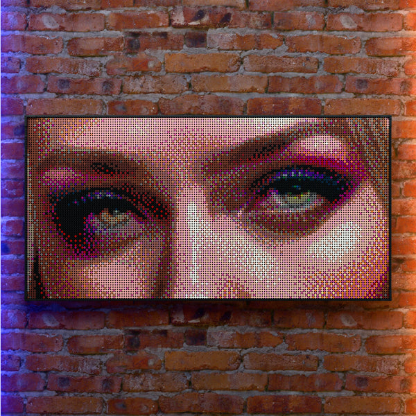 Worker Model Woman made out of 13,433 LEGO-Compatible bricks on a real red-brick wall background with good lighting.