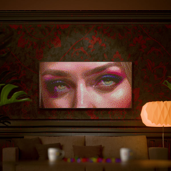 Worker Model Woman made out of 13,433 LEGO-Compatible bricks on a luxurious home background.