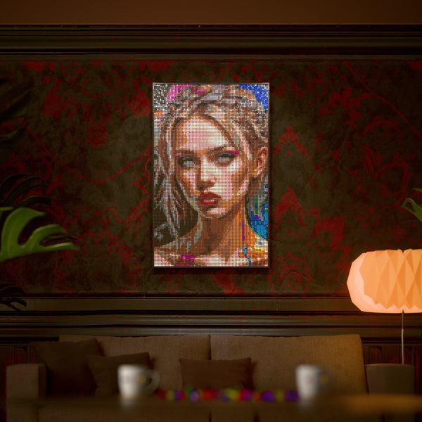 Worker Model Woman made out of 10,769 LEGO-Compatible bricks on a luxurious home background.